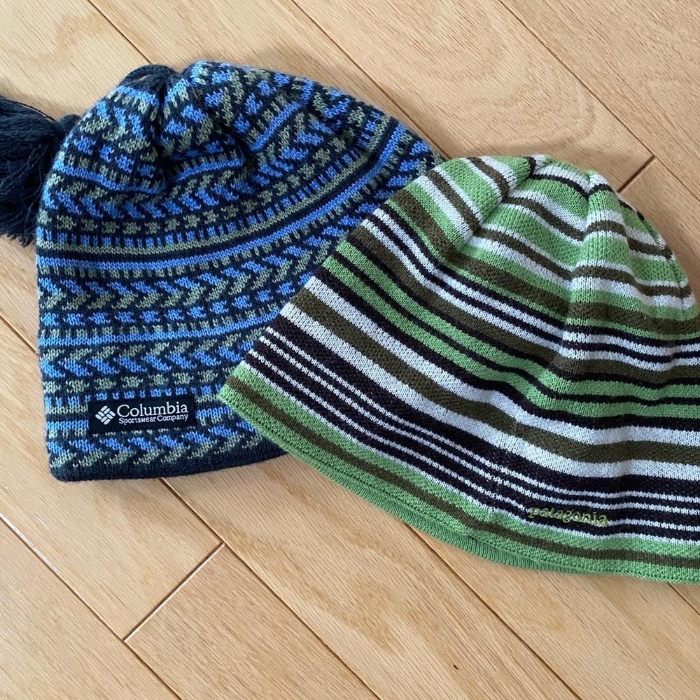 Patagonia Blue and Green Patterned Beanie Duo